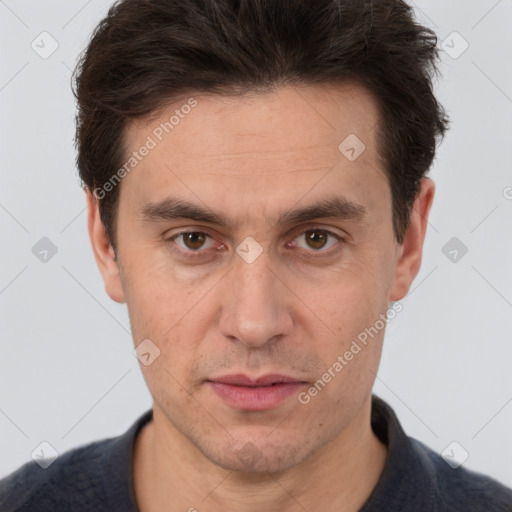 Neutral white adult male with short  brown hair and brown eyes