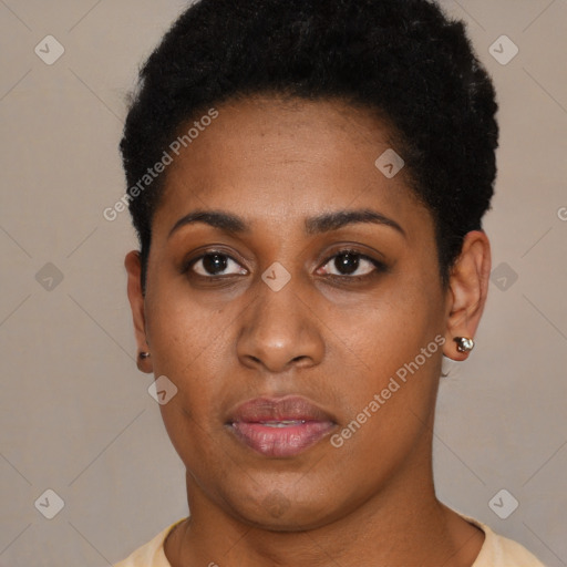 Neutral black young-adult female with short  black hair and brown eyes