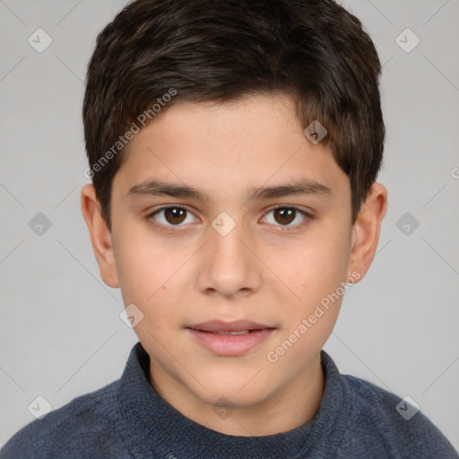 Joyful white child male with short  brown hair and brown eyes