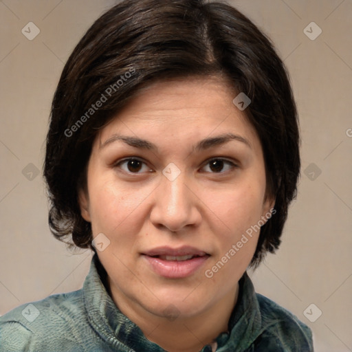 Joyful white adult female with medium  brown hair and brown eyes