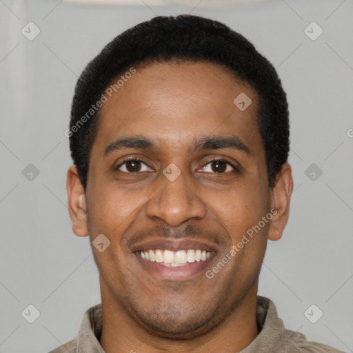 Joyful latino young-adult male with short  black hair and brown eyes