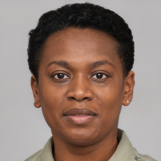 Joyful black young-adult female with short  black hair and brown eyes