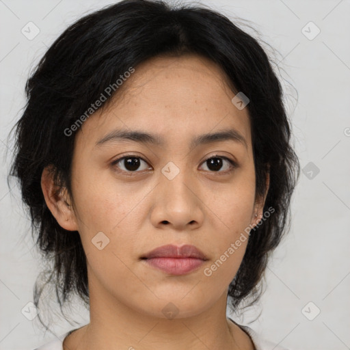 Neutral asian young-adult female with medium  brown hair and brown eyes