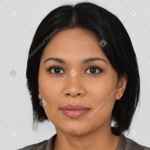 Joyful latino young-adult female with medium  black hair and brown eyes