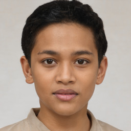 Joyful latino young-adult male with short  brown hair and brown eyes