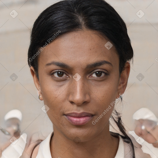 Neutral latino young-adult female with short  brown hair and brown eyes