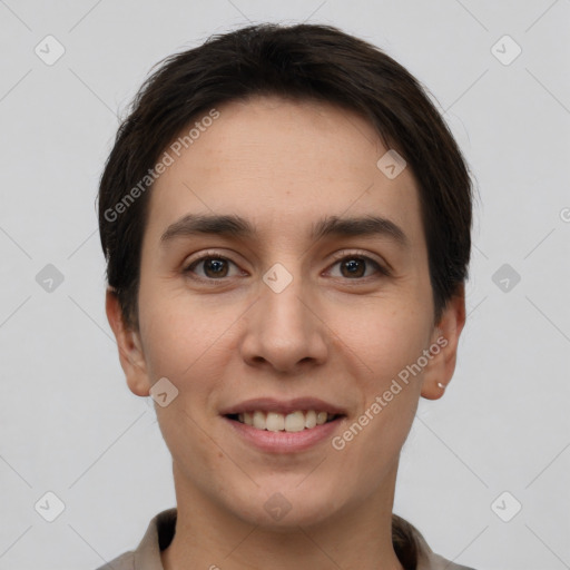 Joyful white young-adult female with short  brown hair and brown eyes