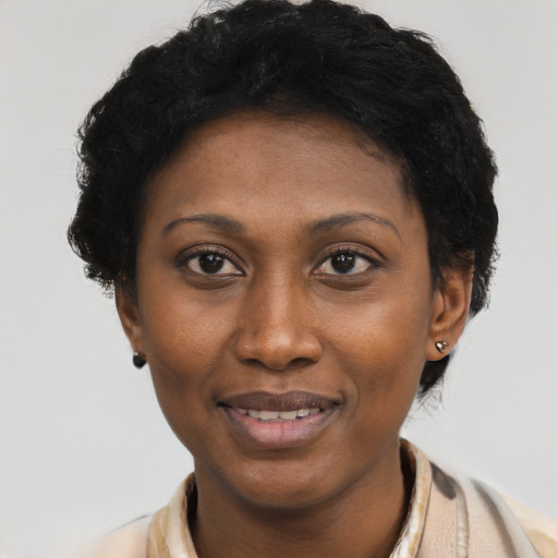 Joyful latino young-adult female with short  black hair and brown eyes