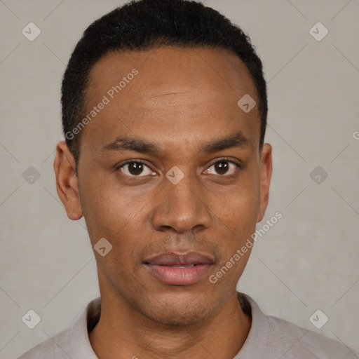 Neutral black young-adult male with short  black hair and brown eyes