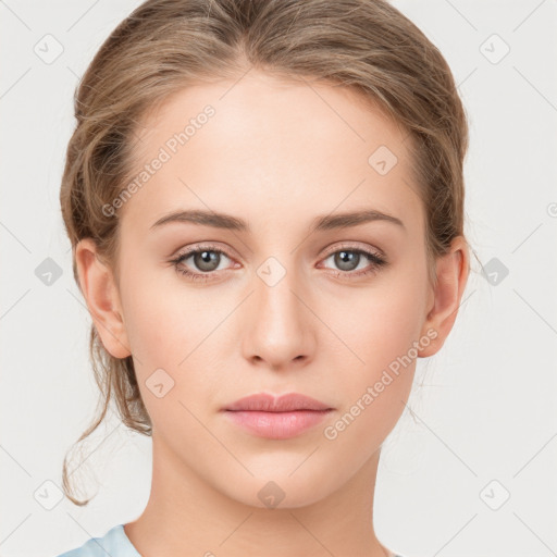 Neutral white young-adult female with medium  brown hair and grey eyes