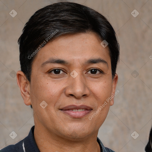 Joyful white adult male with short  brown hair and brown eyes