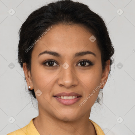 Joyful latino young-adult female with short  brown hair and brown eyes