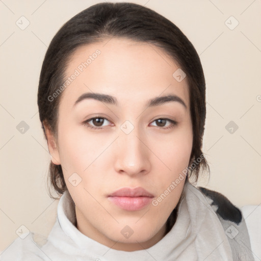 Neutral white young-adult female with medium  brown hair and brown eyes