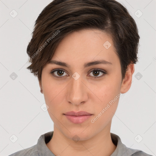 Neutral white young-adult female with short  brown hair and brown eyes