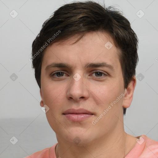 Neutral white young-adult male with short  brown hair and brown eyes