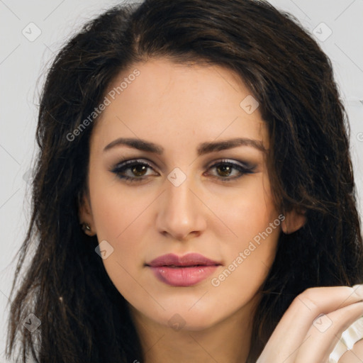 Joyful latino young-adult female with long  brown hair and brown eyes