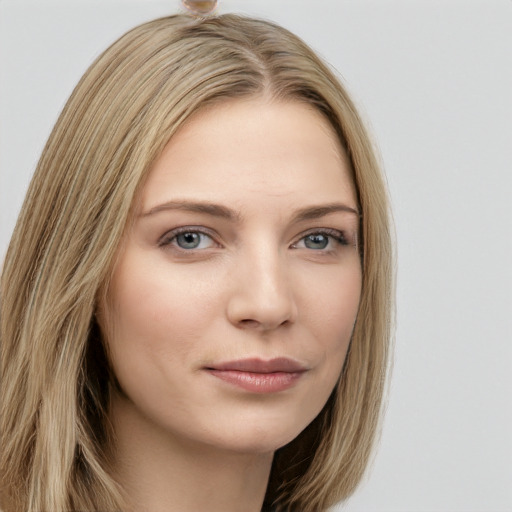 Neutral white young-adult female with long  brown hair and grey eyes