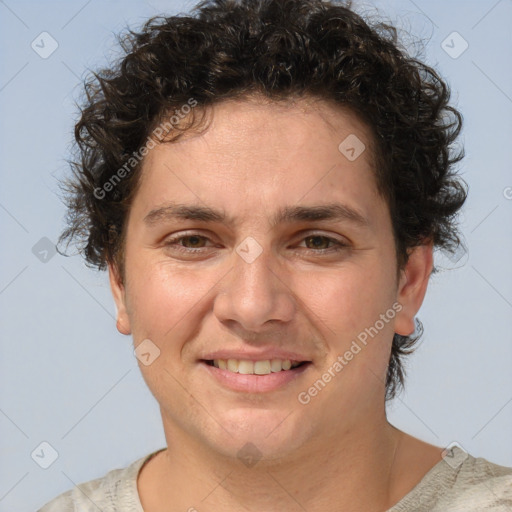 Joyful white adult female with short  brown hair and brown eyes