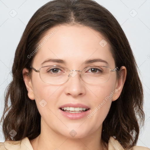 Joyful white adult female with medium  brown hair and grey eyes