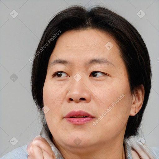 Joyful asian adult female with medium  brown hair and brown eyes