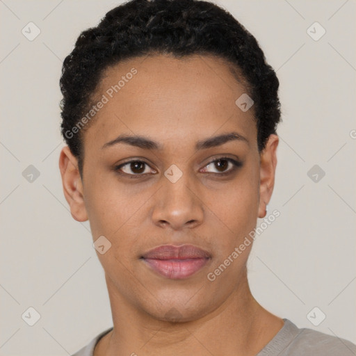 Neutral latino young-adult female with short  black hair and brown eyes