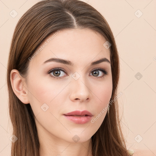 Neutral white young-adult female with long  brown hair and brown eyes