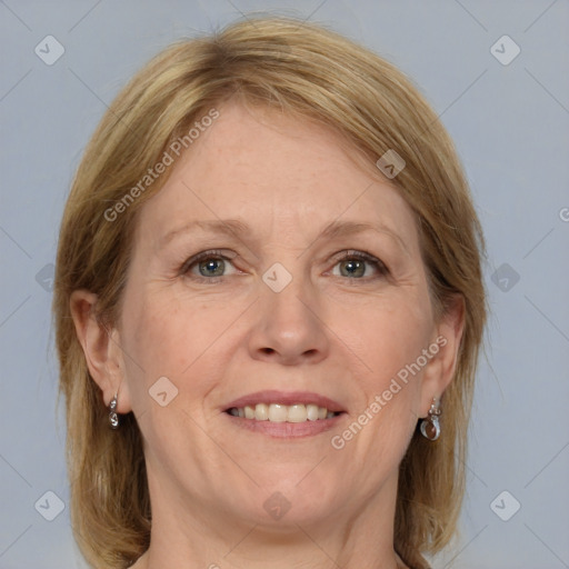 Joyful white adult female with medium  brown hair and blue eyes