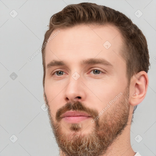 Neutral white young-adult male with short  brown hair and brown eyes