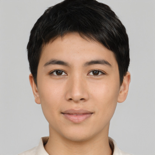 Neutral asian young-adult male with short  brown hair and brown eyes