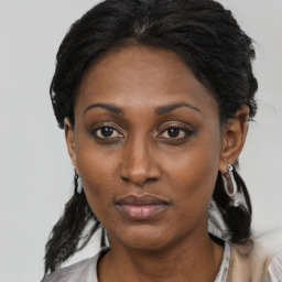 Neutral black adult female with medium  black hair and brown eyes
