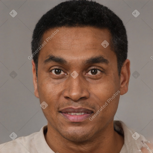 Joyful black young-adult male with short  black hair and brown eyes