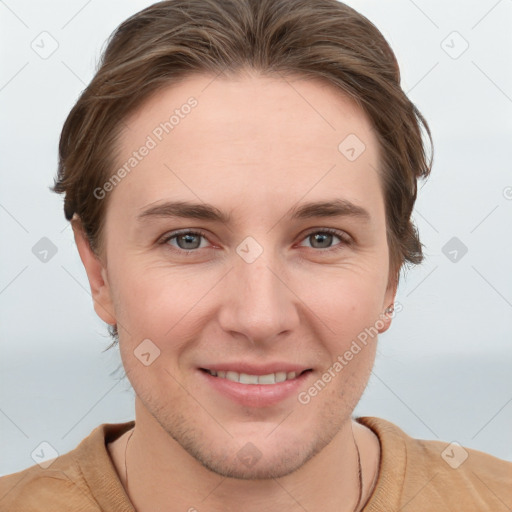 Joyful white young-adult female with short  brown hair and grey eyes