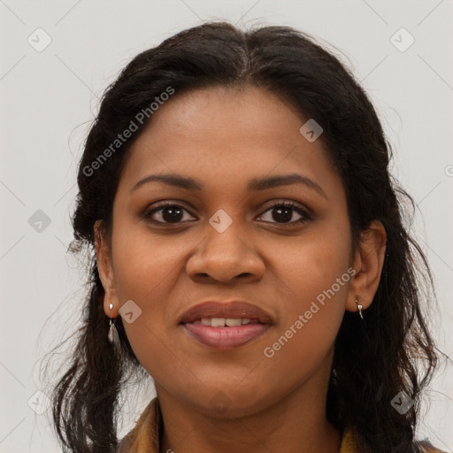 Joyful black young-adult female with long  brown hair and brown eyes