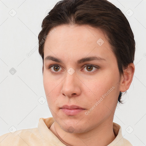 Neutral white young-adult female with short  brown hair and brown eyes