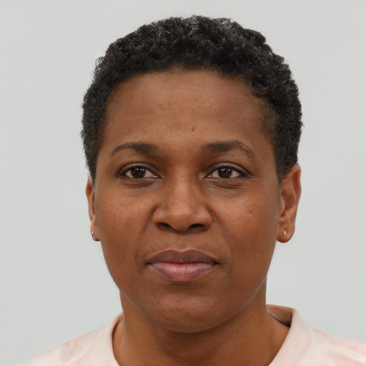Neutral black adult female with short  black hair and brown eyes