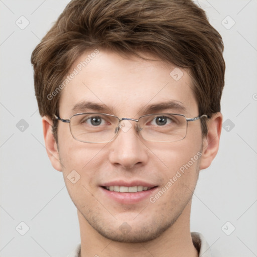 Joyful white adult male with short  brown hair and grey eyes