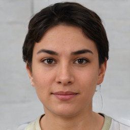 Neutral white young-adult female with short  brown hair and brown eyes