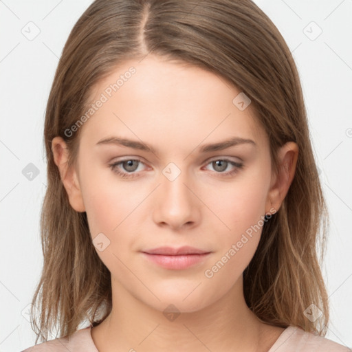 Neutral white young-adult female with long  brown hair and brown eyes