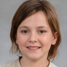 Joyful white child female with medium  brown hair and brown eyes