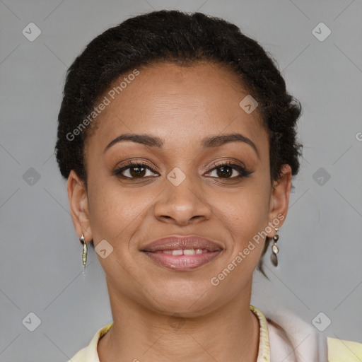 Joyful latino young-adult female with short  brown hair and brown eyes