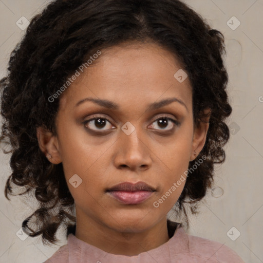 Neutral black young-adult female with medium  brown hair and brown eyes