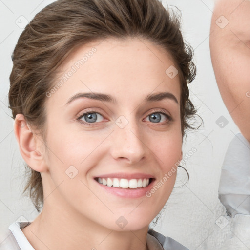 Joyful white young-adult female with medium  brown hair and blue eyes