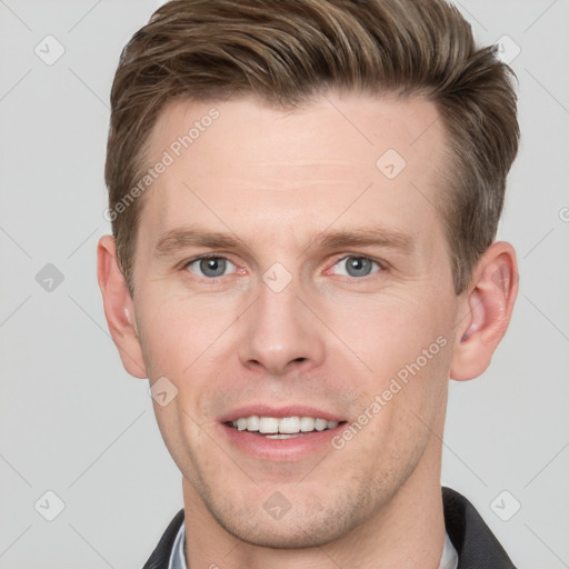 Joyful white adult male with short  brown hair and grey eyes