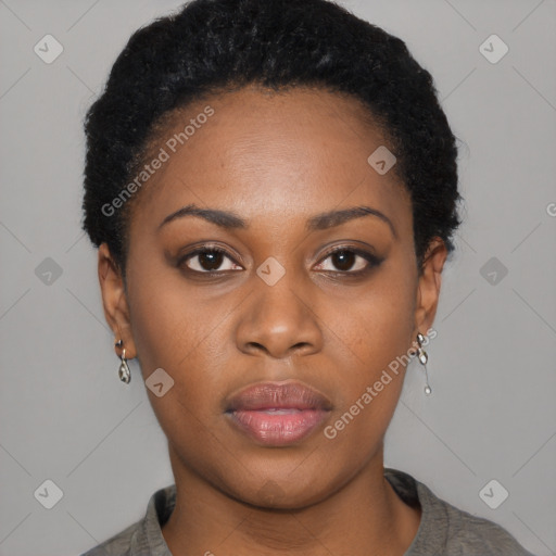 Neutral black young-adult female with short  black hair and brown eyes