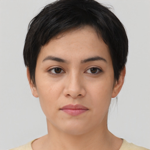 Neutral asian young-adult female with short  black hair and brown eyes