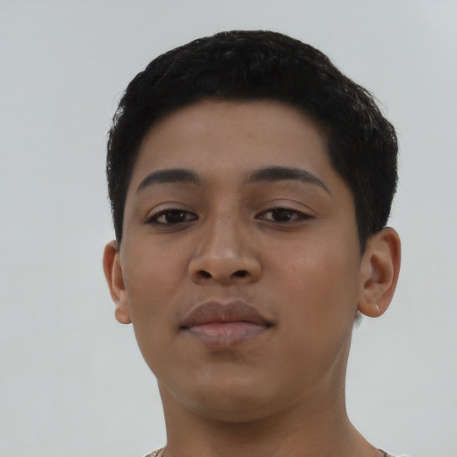 Neutral asian young-adult female with short  brown hair and brown eyes