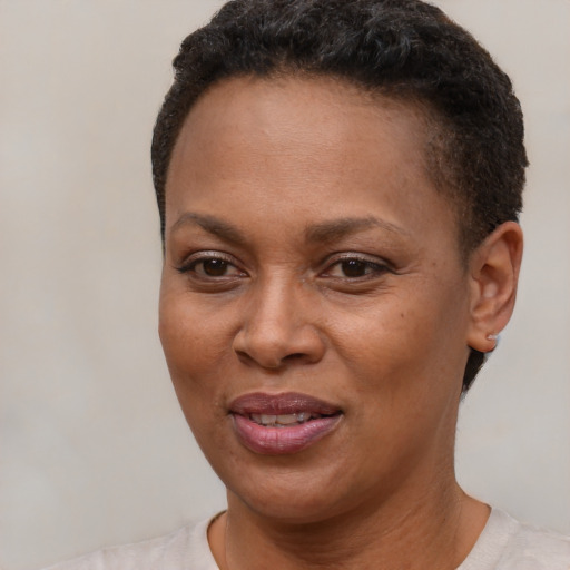 Joyful latino adult female with short  brown hair and brown eyes