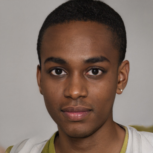 Neutral black young-adult male with short  black hair and brown eyes