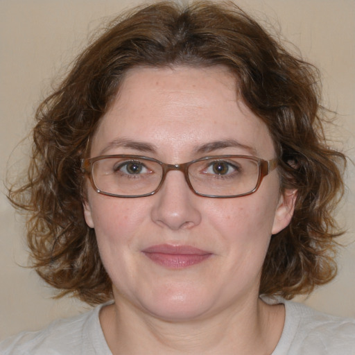 Joyful white adult female with medium  brown hair and blue eyes