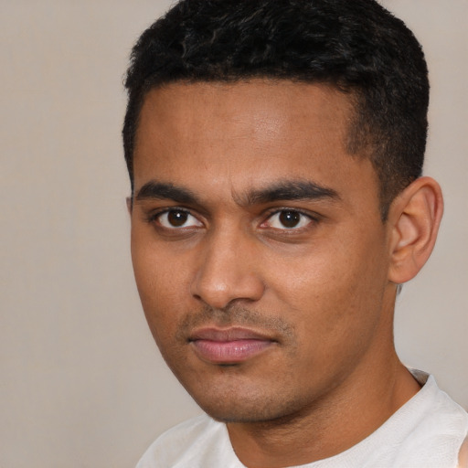 Neutral latino young-adult male with short  black hair and brown eyes